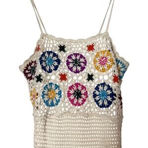 Y2K Crochet Mini Dress Festival Colorful Flowers Small Bohemian Hippie Summer